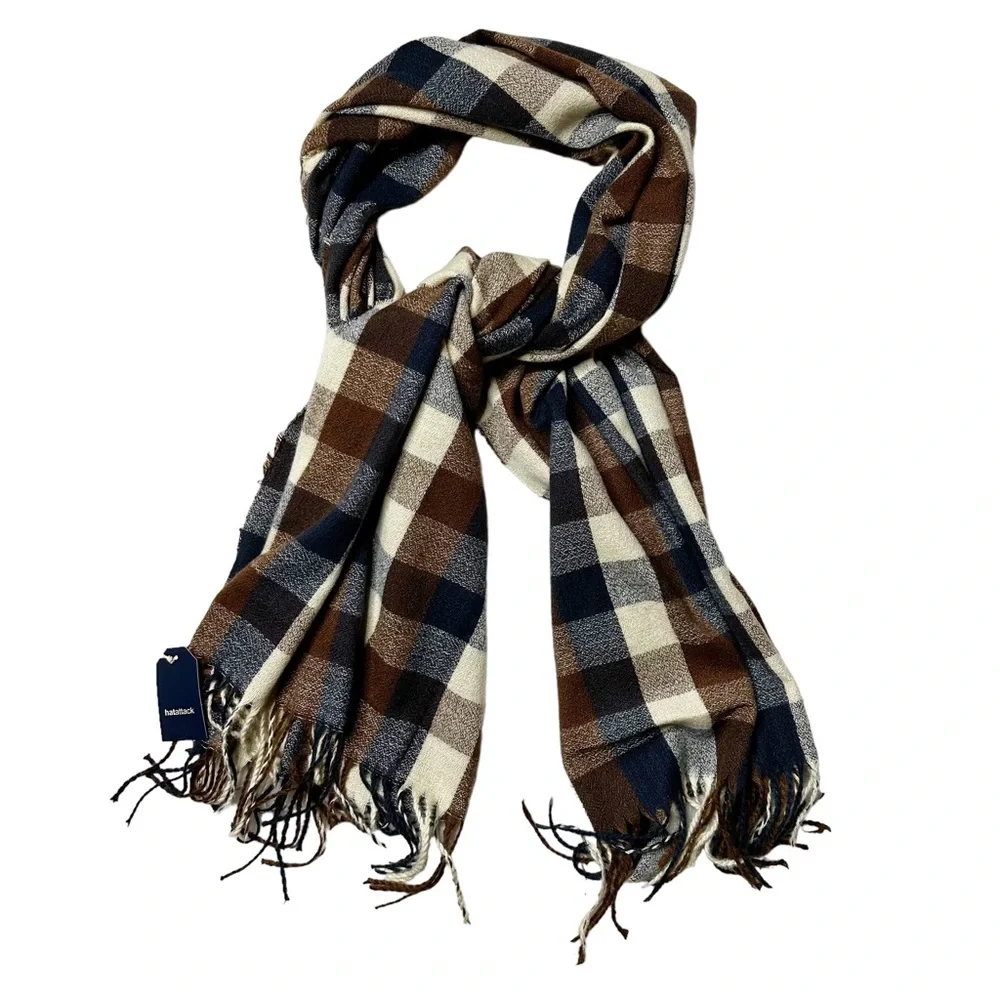 NWT Revolve Hat Attack Buffalo Check Scarf Navy Brown Women’s OS 79”x19.5”